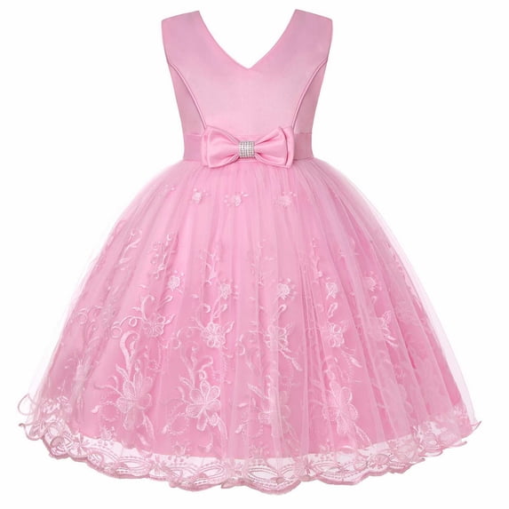 Gunia Flower Little Girl Dresses For Wedding Sleeveless Pageant Embraoidered Princess Skirt Lace Performance Christmas Party Lace Bridesmaid Long Formal Pink Dress For Girls 3-10 Years