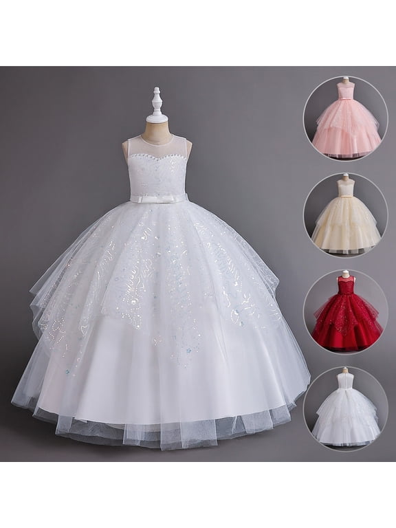 Flower Girl Dresses For Wedding Sleeveless Round Neck Party Kids Embroidered Bridesmaid Birthday Prom Pageant Maxi Formal White Dress For Girls 3-15 Years