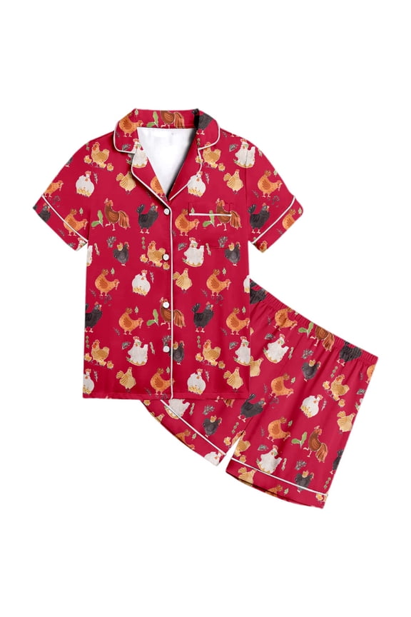 Girl Pajamas Animal Chicken Pattern Boys Pattern Printed Short Sleeve Button Down Shorts Set Outfits Pj'S Red 12-13 Years