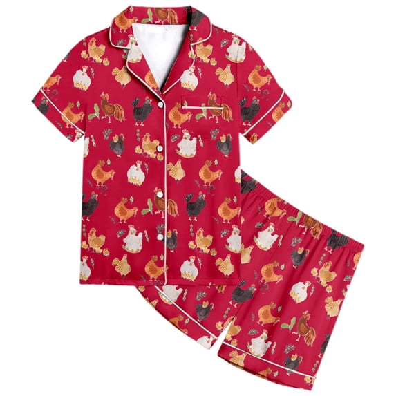 Gunia Girl Pajamas Animal Chicken Pattern Boys Pattern Printed Short Sleeve Button Down Shorts Set Outfits Pjs Red 2-3 Years