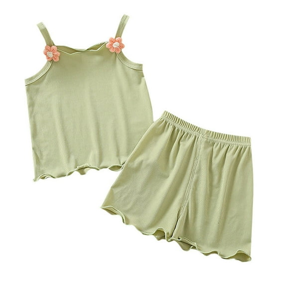 Gunia Girl Pajamas Baby Summer Two Piece Outfit Set Sleeveless Camisole Strap Tank Top Shorts Folwer Clothes Loungewear Green 2-3 Years
