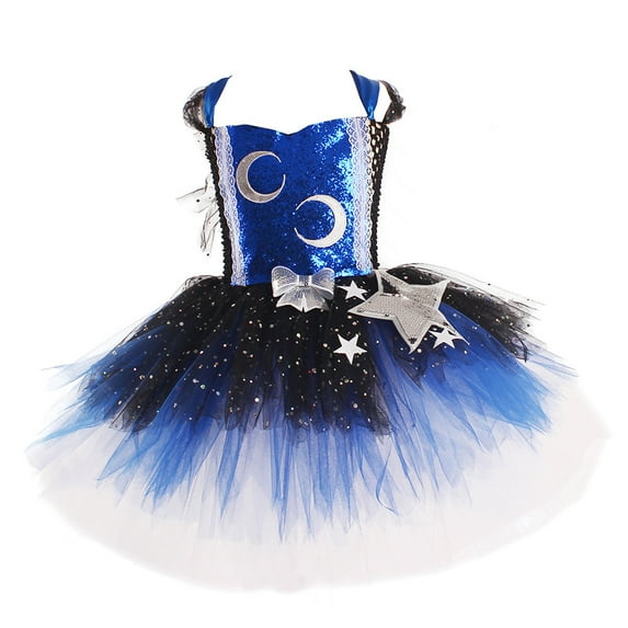 Gunia Girl Tutu Skirts Dress Glitter Gown With Star Moon Design Formal Wear Princess Birthday Party Kids Toddler Girls Skirt Dark Blue 6-7 Years