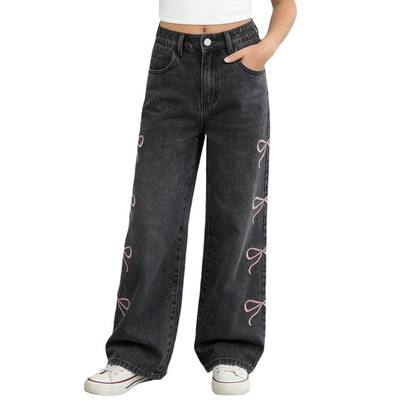 Gunia Girls Baggy Jeans High Waist Straight Leg With Bow Embroidery Casual Loose Fit Teen Girl Denim Pants 8-15 Years
