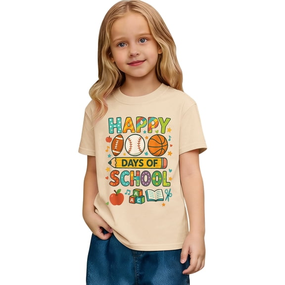 Gunia Girls Casual Short Sleeve T Shirts Kids Summer Tops 100 Days Of School Cute Graphic Crewneck Basic Toddler Tees Tshirts Beige