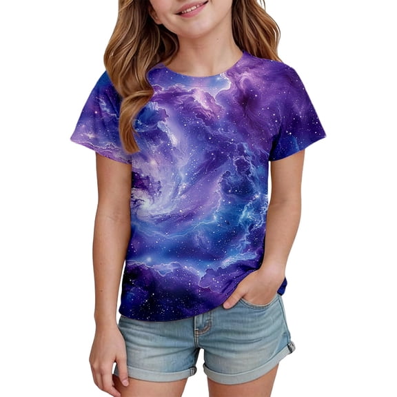 Gunia Girls Casual Short Sleeve T Shirts Kids Summer Tops 3D Graphic Crewneck Basic Toddler Tees Tshirts Navy