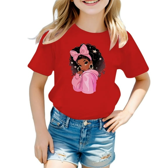 Gunia Girls Casual Short Sleeve T Shirts Kids Summer Tops Cute Graphic Crewneck Basic Toddler Tees Tshirts Red