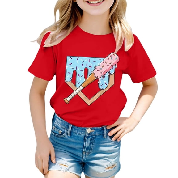 Gunia Girls Casual Short Sleeve T Shirts Kids Summer Tops Cute Graphic Crewneck Basic Toddler Tees Tshirts Red