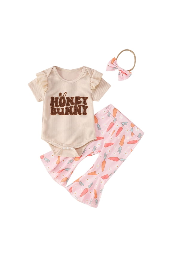 Girls Easter Outfit Bunny Flare Pants Set Short Sleeve Romper Headband Newborn Infant Bll Bottom Soft Cute Dailywear