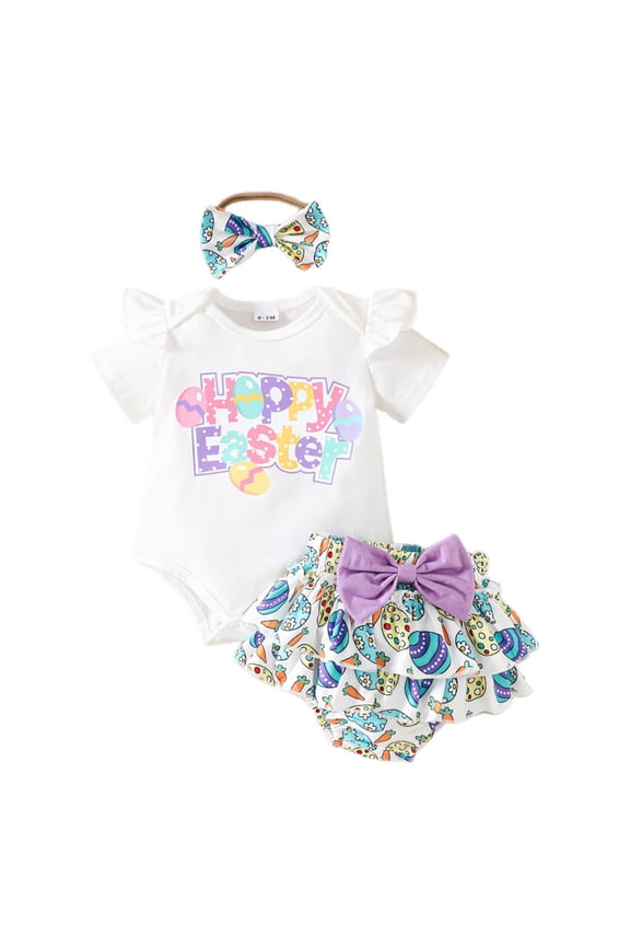 Girls Easter Outfit Infant Short Sleeve Letter Romper Bodysuits Cartoon Prints Shorts Soft Cute Dailywear