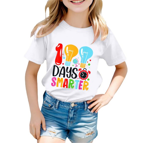 Gunia Girls Holiday Shirt 100 Days Smarter Boy And Girl Fashion Casual Print Crewneck Loose Short Sleeve Relaxed Tees Tops 11-12 Years