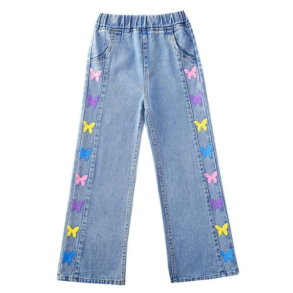 Gunia Girls Jeans Denim Elastic Wasit Wide Leg Baggy Pants Clothes Outwear For Toddler Kids 3-4 Years