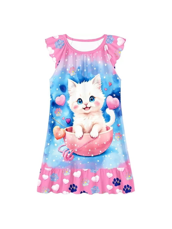 Girls Nightgowns Summer Dresses Cute Animal Print Sleeveless Loose Fit Cartoon Casual Playwear Age 3-10 Years Loungewear Toddler Girl Dress Pajamas,Light Purple 3-4 Years