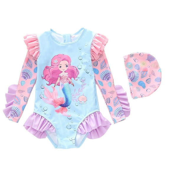 Gunia Girls One Piece Swimsuits Sun Long Sleeved Colorful Ruffled Sleeve Toddler Teen Swimsuit Girl For Beach Pool 3-14 Years