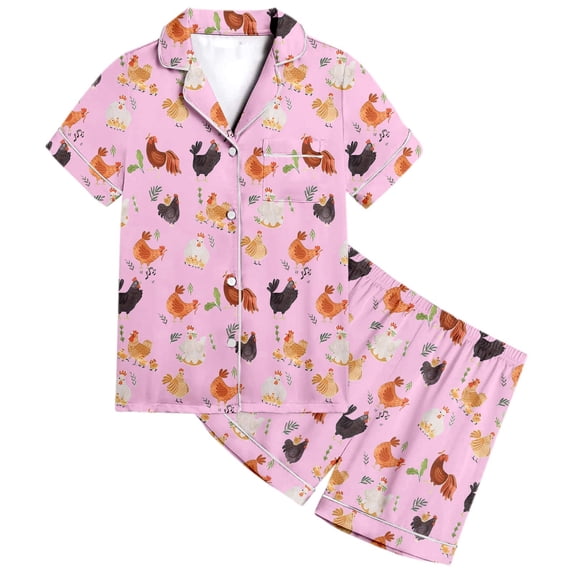 Gunia Girls Pajamas Animal Chicken Pattern Boys Pattern Printed Short Sleeve Button Down Shorts Set Outfits Pj'S Pink 8-9 Years