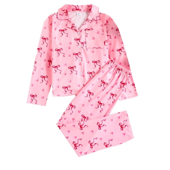 Gunia Girls Pajamas Pajama Set Long Sleeve Long Pants Bow Print Comfortable Outfit Soft Breathable Loose Fit Everyday Home Wear Sleepwear Red 9-10 Years