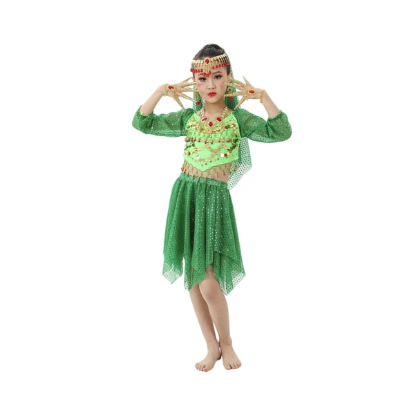 Gunia Girls Party Outfit Belly Dance Indian Outfit With Short Skirt Sleeves Kids Show Comfy Clothes Set For Stage Performance Holiday 5-12 Years