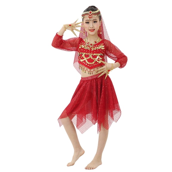 Gunia Girls Party Outfits Belly Dance Indian Outfit With Short Skirt Sleeves Kids Show Soft Clothes Set For Stage Performance Holiday 5-12 Years