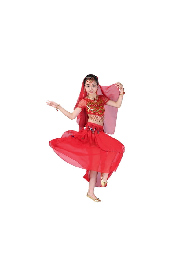 Girls Performance Party Outfits Belly Dance Outfit Long Sleeve Dress With Skirt Stage Shows Clothes Set 5-12 Years