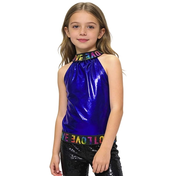 Gunia Girls Sequin Tank Tops Glitter Sleeveless Dance Blouse Performance Dancewear Party Sparkly Tops For Girl Blue