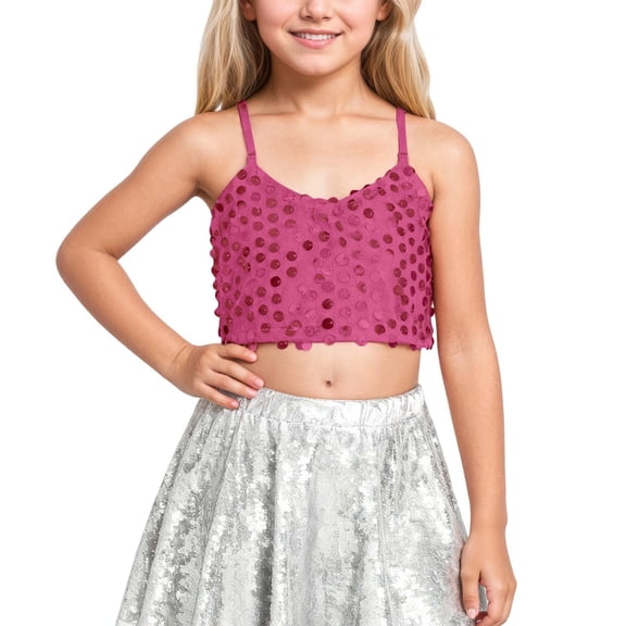 Gunia Girls Sequin Tank Tops Glitter Sleeveless Spaghetti Strap Crop Cami Camisole Dance Blouse Performance Dancewear Party Sparkly Tops For Girl Pink