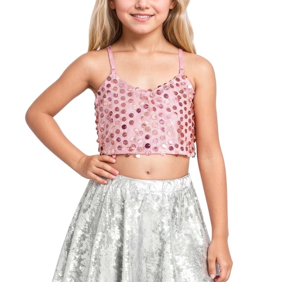 Gunia Girls Sequin Tank Tops Glitter Sleeveless Spaghetti Strap Crop Cami Camisole Dance Blouse Performance Dancewear Party Sparkly Tops For Girl Pink