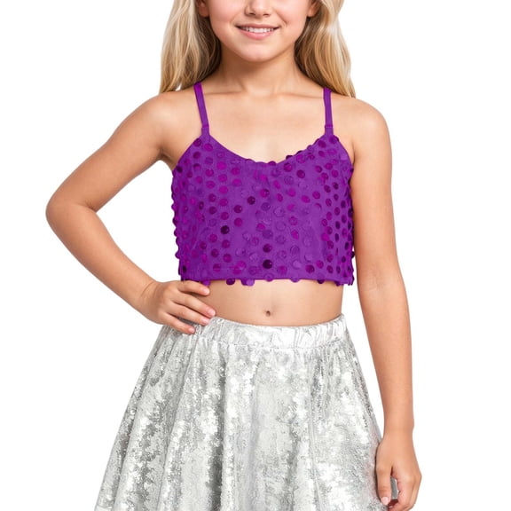 Gunia Girls Sequin Tank Tops Glitter Sleeveless Spaghetti Strap Crop Cami Camisole Dance Blouse Performance Dancewear Party Sparkly Tops For Girl Purple