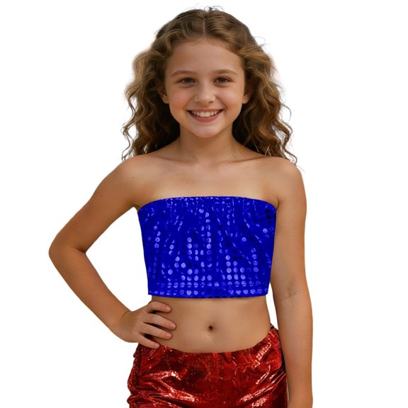 Gunia Girls Sequin Top Glitter Sleeveless Crop Dance Blouse Performance Dancewear Party Sparkly Tops For Girl Blue