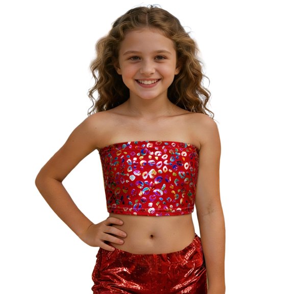 Gunia Girls Sequin Top Glitter Sleeveless Crop Dance Blouse Performance Dancewear Party Sparkly Tops For Girl Red