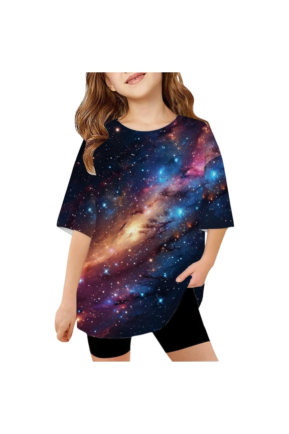 Girls Short Sleeve Shirts Kids Boys Galaxy Print T Shirt Loose Fit Casual Graphic Tee Children Youth Comfortable Top Tshirts 2-13 Years