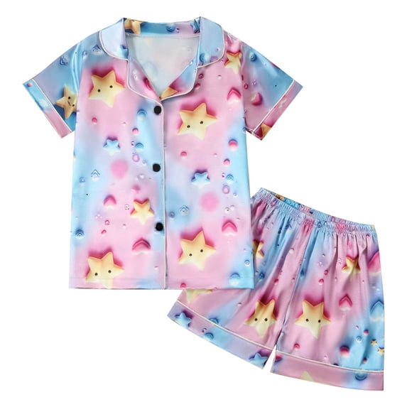Gunia Girls Silk Pajamas Satin Short Sleeve Top With Button Front And Comfortable Bottoms For And Lounging Sleepwear Loungewear Pjs Pajama Blue Size 6-7 Years