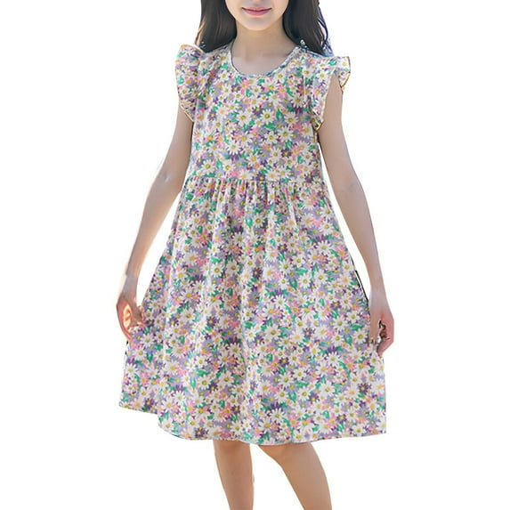 Gunia Girls Summer Dress Sleeveless Casual Floral Beach Sundress For Toddler Kids Youth Teen Dark Purple Dress For Girls 2-12 Years