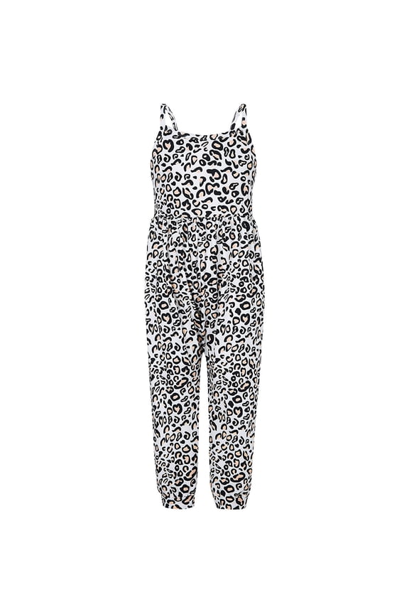 Girls' Summer Jumpsuits Kids Toddler Sleeveless Cute Leopard Print Spaghetti Strap Harem Pants Casual Loose Rompers With Pockets Overalls For Girl White 3-4 Years
