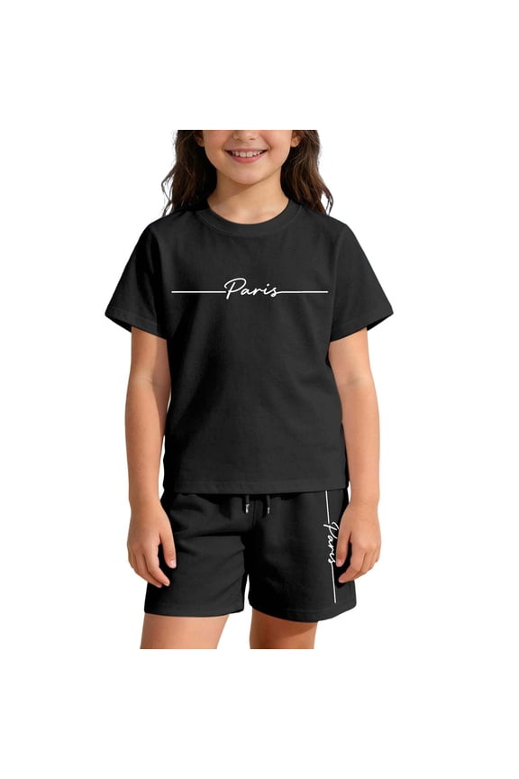 Girls Summer Outfits Unisex Casual Short Sleeve With Playful Letter Print Lightweight Relaxed Fit Kids Clothes Set 4-14 Years