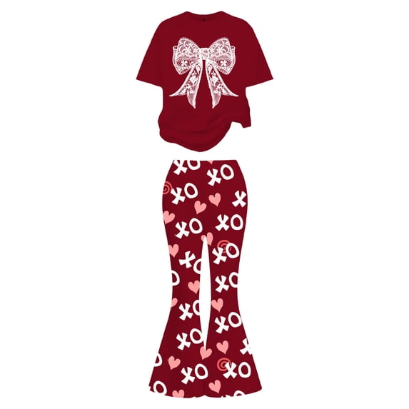 Gunia Girls Summer Outfits Valentine'S Day Outfit With Bow Heart Print Short Sleeve Top Flare Leg Pants Casual 2 Piece Comfy Clothes Set Cute Outfits For Girls 7-13 Years