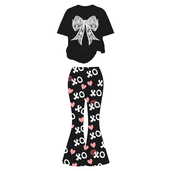 Gunia Girls Summer Outfits Valentine'S Day Outfit With Bow Heart Print Short Sleeve Top Flare Leg Pants Casual 2 Piece Leisure Clothes Set Cute Outfits For Girls 7-13 Years