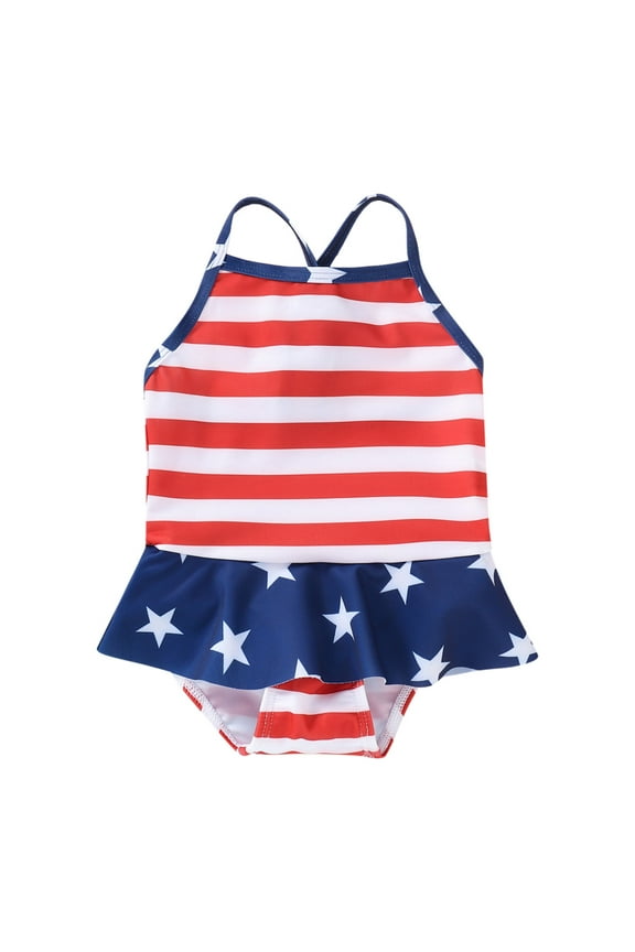 Girls Swimsuit Independence Day 4Th Of July American Flag Sleeveless Stripe Dinosaur Printing Beach Bathing Suit Swimwear Poolside Seaside,18-24 Months