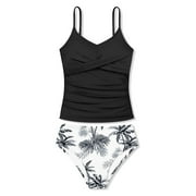 Gunia Girls' Swimwear 2 Piece Bathing Suit Ruched Tankini Sets Printed For 9 16 Years For Poolside Seaside 9-10 Years