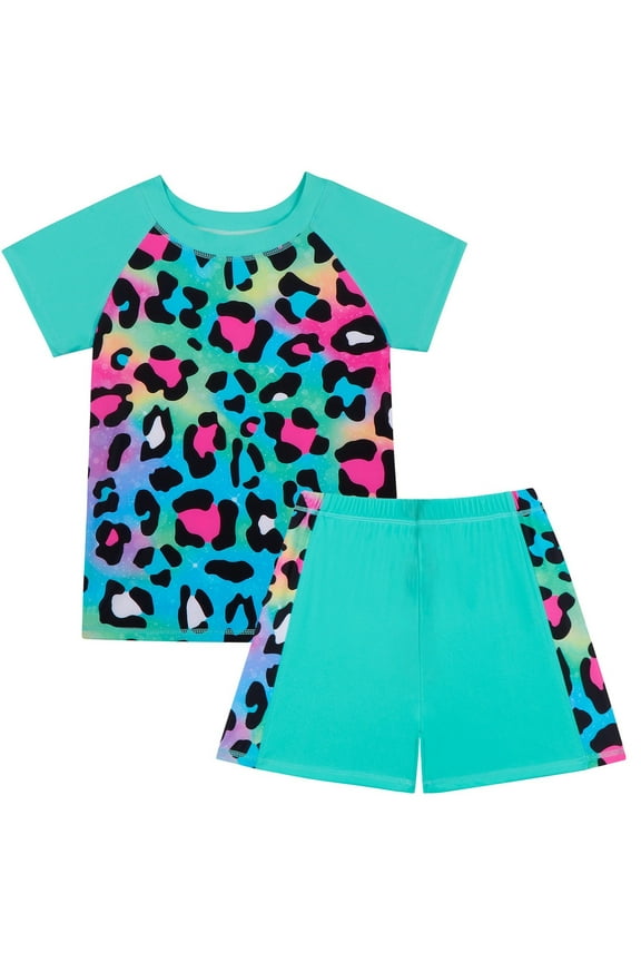 Girls Tankini Swimsuit Children Short Sleeve and Shorts Leopard Heart Printed Set Swimwear Seaside Green 7-8 Years