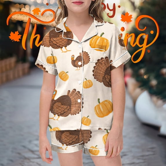 Gunia Girls Thanksgiving Pajamas Kids Silk Satin Turkey Short Sleeve Button Down Top And Shorts 2 Piece Fall Pjs Loungewear