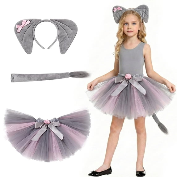Gunia Girls Tutu Skirt Animal 4 Piece Net Waist Graphic Tee Bow Headband Tail Dress Up Princess Birthday Party Skirts For Kids Toddler Girls Grey 5-6 Years