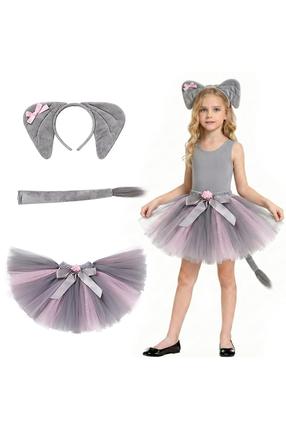 Girls Tutu Skirt Animal 4 Piece Net Waist Graphic Tee Bow Headband Tail Dress Up Princess Birthday Party Skirts For Kids Toddler Girls Grey 5-6 Years
