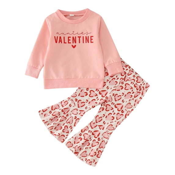 Gunia Girls Valentines Day Outfit Long Sleeve Valentine's Day Letter Prints T Shirt Pullover Tops Bell Bottoms Pants Cute 18-24 Months