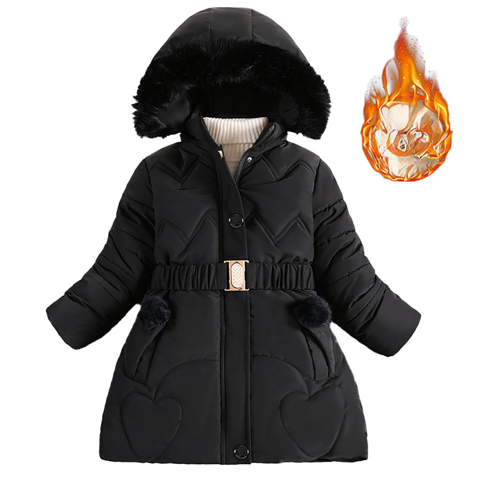 Girls' Padded Winter Jacket with Belt and Faux Fur Hood