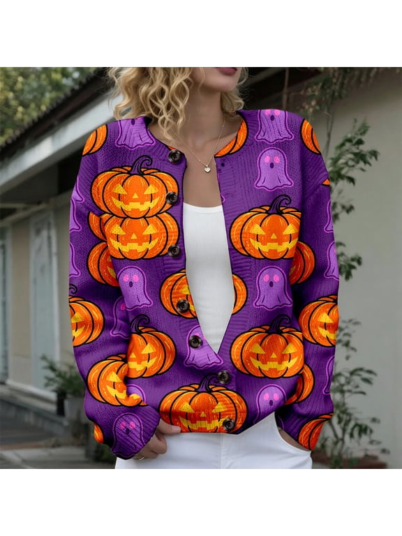 Halloween Cardigan Sweaters for Women Knit Tops Pumpkin Ghost Button Down Fall Winter Oversized Sweater Lightweight Outerwear Jacket Purple Fashion Sweater,Size S-5Xl