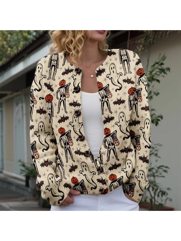 Halloween Cardigan Sweaters for Women Knit Tops Pumpkin Skeleton Button Up Fall Winter Sweater Cozy Jacket Outerwear Beige Fashion Sweater,Size S-4Xl