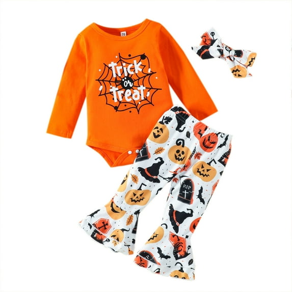 Gunia Halloween Clothes Hallowmas Long Sleeve Romper Bodysuits Cartoon Prints Flare Pants Headbands Halloween Baby Girl Outfit,White 3-6 Months