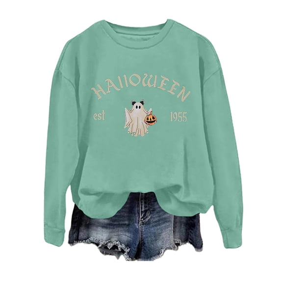 Gunia Halloween Ghost Sweatshirt For Women Graphic Crew Neck Long Sleeve Thin Pullover Top Hoodie Fall Fashion Clothes Mint Green S-2Xl