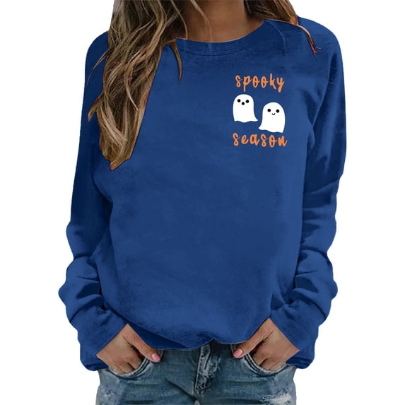 Gunia Halloween Ghost Sweatshirt Women Casual Long Sleeve Crewneck Sweatshirt Loose Fit Print Fall Winter Pullover Tops Comfortable Wear Fashion Clothes Blue S-2Xl