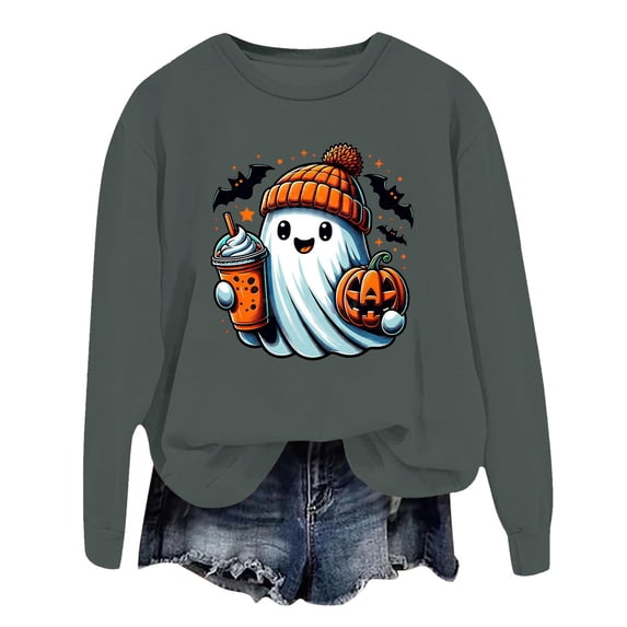 Gunia Halloween Ghost Sweatshirt Women Graphic Oversized Sweatshirts Crewneck Long Sleeve Pullover Tops Fall Fashion Clothes Grey S-2Xl