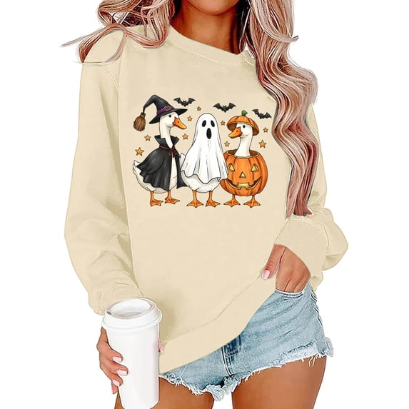 Gunia Halloween Ghost Sweatshirt Women Pumpkin Animal Print Pullover Hoodless Sweatshirt Long Sleeve Casual Crewneck Fall Tops Fashion Clothes Beige S-2Xl
